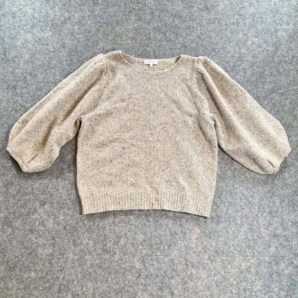 Demylee Sweater Womens XS Beige Lambswool Blend Puff Sleeve Speckled Knit